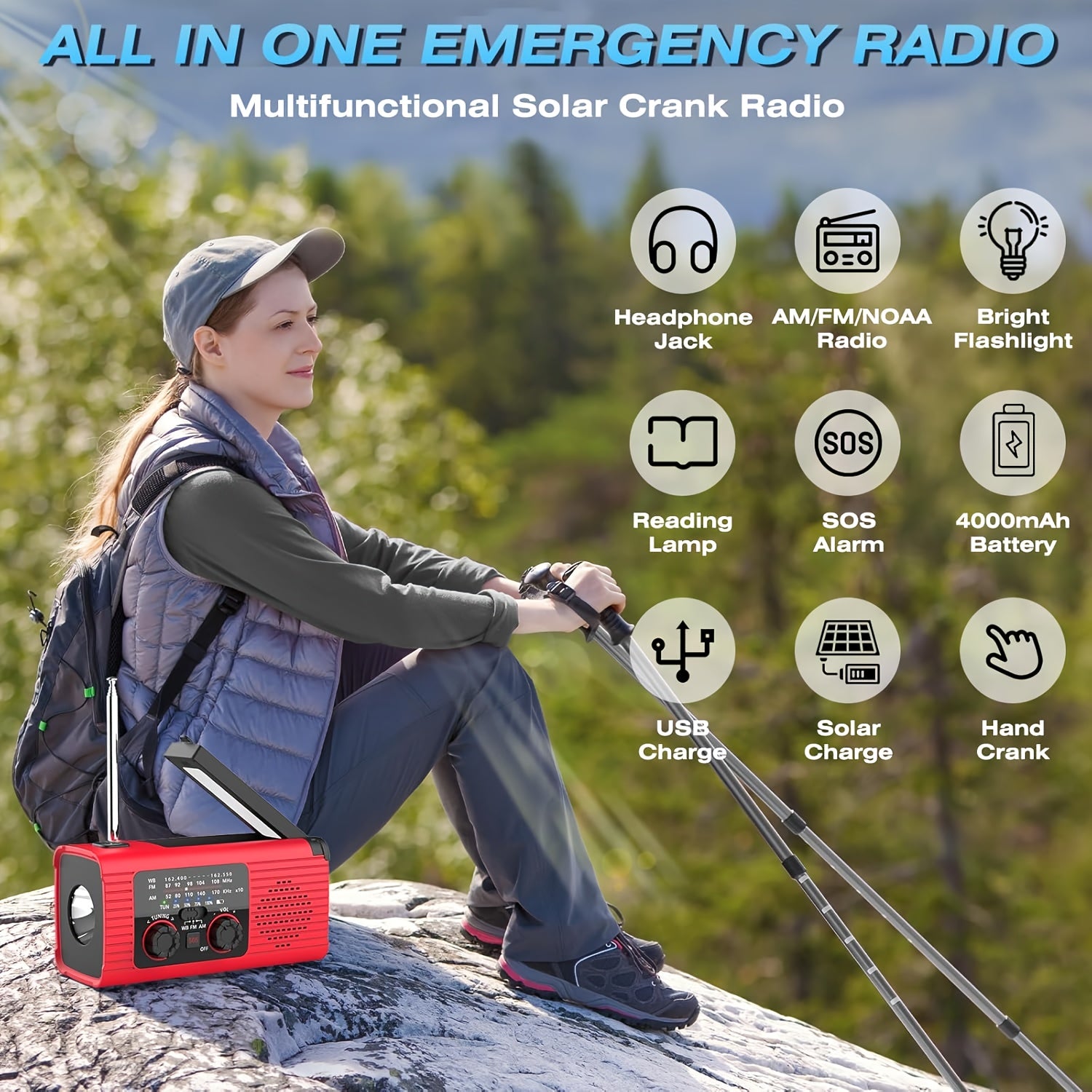 Noodweerradio met 2000mAh Draagbare Noodkit, USB/Solar/Handmatige Draaikruk Oplading, Zaklamp, SOS Alarm, Buiten Binnen Orkaan Camping Survival Essentieel, Weerradio, Noodradio