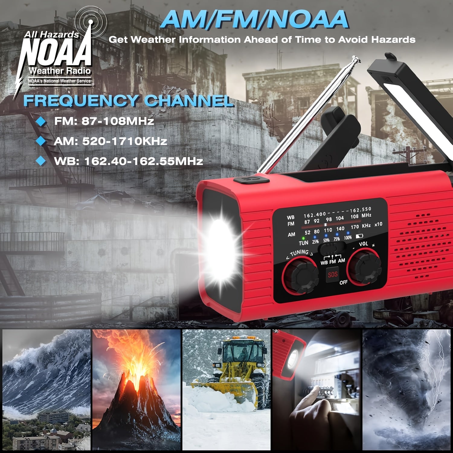 Noodweerradio met 2000mAh Draagbare Noodkit, USB/Solar/Handmatige Draaikruk Oplading, Zaklamp, SOS Alarm, Buiten Binnen Orkaan Camping Survival Essentieel, Weerradio, Noodradio