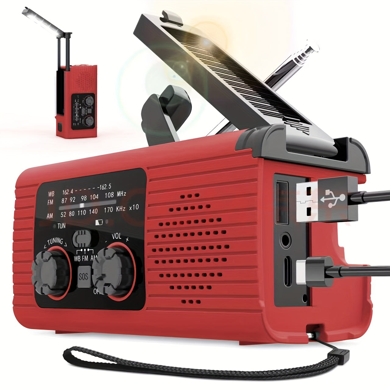 Noodweerradio met 2000mAh Draagbare Noodkit, USB/Solar/Handmatige Draaikruk Oplading, Zaklamp, SOS Alarm, Buiten Binnen Orkaan Camping Survival Essentieel, Weerradio, Noodradio