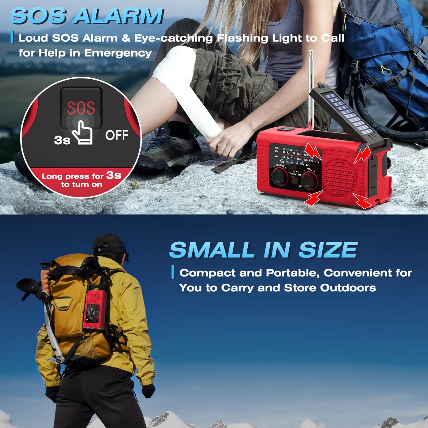 Noodweerradio met 2000mAh Draagbare Noodkit, USB/Solar/Handmatige Draaikruk Oplading, Zaklamp, SOS Alarm, Buiten Binnen Orkaan Camping Survival Essentieel, Weerradio, Noodradio