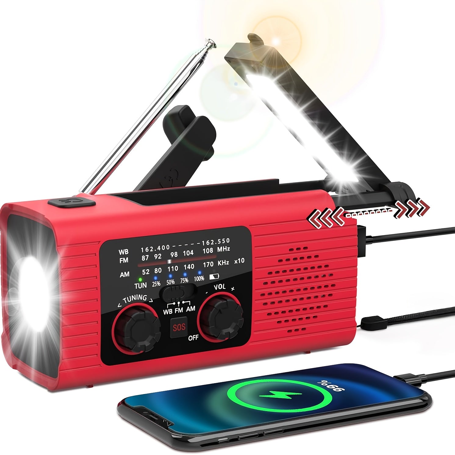 Noodweerradio met 2000mAh Draagbare Noodkit, USB/Solar/Handmatige Draaikruk Oplading, Zaklamp, SOS Alarm, Buiten Binnen Orkaan Camping Survival Essentieel, Weerradio, Noodradio